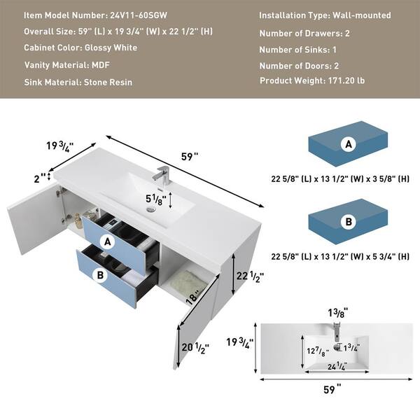 HBEZON Achilles 59 in. W x 20 in. D x 22.5 in. H Single Sink