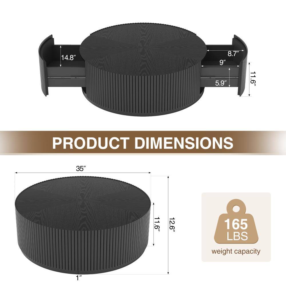 Dimension diagram of the black fluted coffee table.