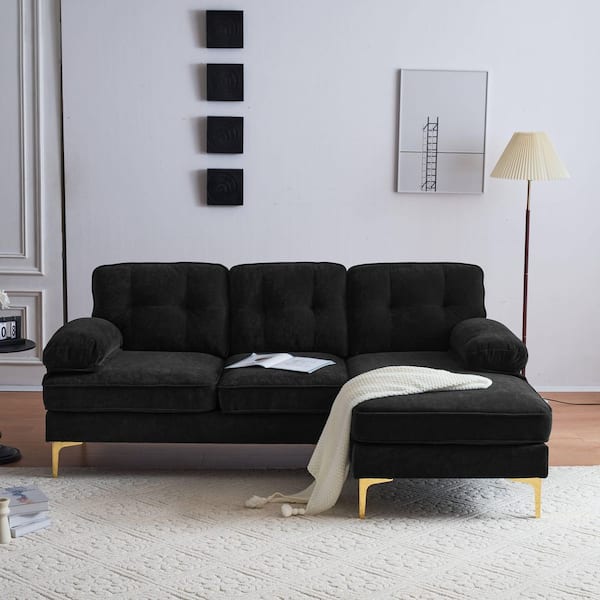 82.6 in. Square Arm Chenille L-Shaped Sofa in Black (Seats 3)