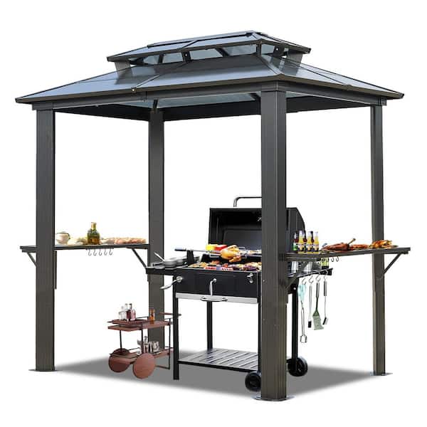 Endark 5 ft. x 8 ft. Grey BBQ Grill Gazebo with Polycarbonate Double Roof, Outdoor Barbecue Gazebo Aluminum Frame for Patio