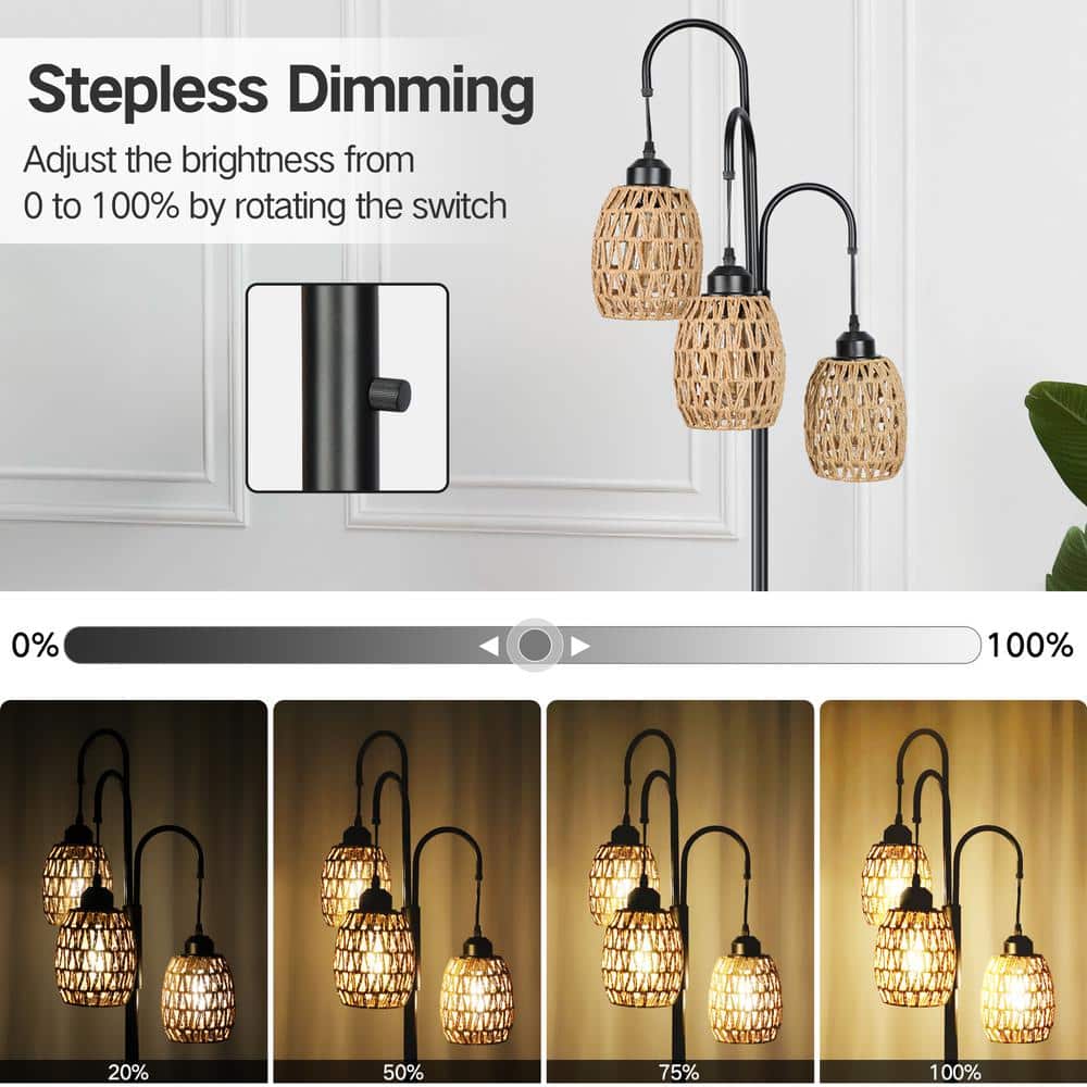 Black Metal Arc Floor Lamp with Rattan Shades