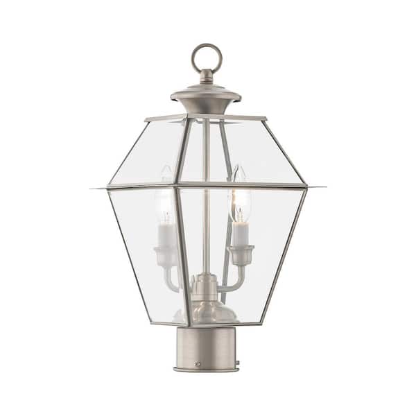 Ainsworth 16.5 in. 2-Light Brushed Nickel Cast Brass Hardwired Outdoor Rust Resistant Post Light with No Bulbs Included