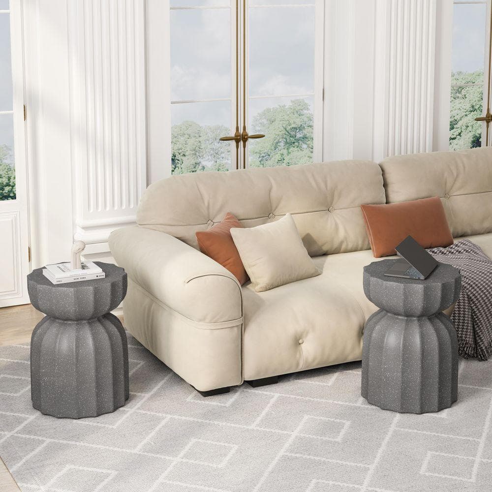 2PC/SET Modern Outdoor and Indoor 13 in. Waterproof Coffee Table and Side Table Set, Durable MgO Cement Design, Grey