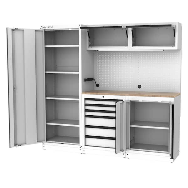 80.2 in. W x 75 in. H x 19.2 in. D Steel 8-Piece Garage Storage System in Matte White with Solid Wood Worktop