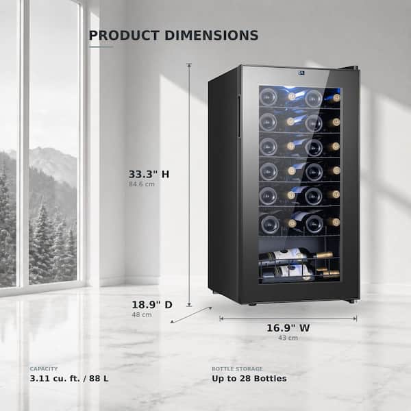 Single Zone 28-Bottle Freestanding Wine Cooler Fridge Cellar Cooling Unit in Stainless Steel Low-Vibration Compressor