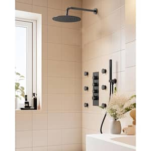 Luxury Thermostatic 7-Spray Wall Mount 12 in. Fixed and Handheld Shower Head 2.5 GPM in Matte Black