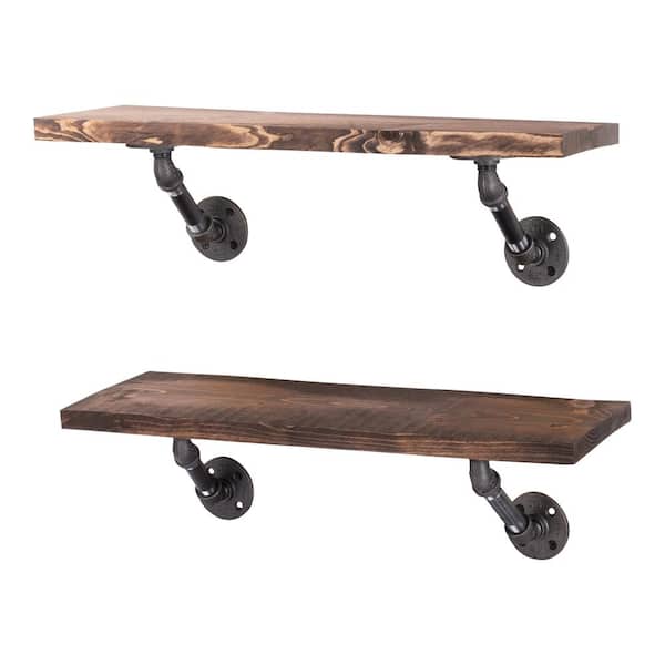 PIPE DECOR 24 in. x 7.5 in. x 6.75 in. Trail Brown Restore Wood Decorative Wall Shelf with Industrial Steel Pipe Brackets