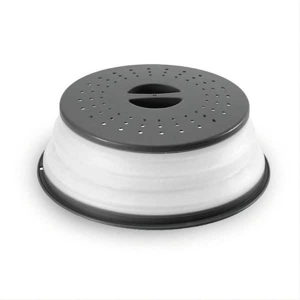 Collapsible Microwave Splatter Cover Vented Gray Silicone Plastic Dishwasher Safe Food Lid with Hanging Feature