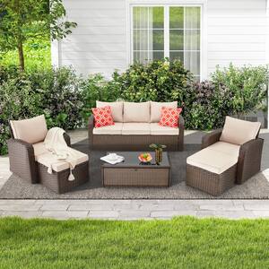 6-Piece Wicker Outdoor Sectional Sofa Patio Lawn Conversation Set with Khaki Cushions and Storage Glass Coffee Table