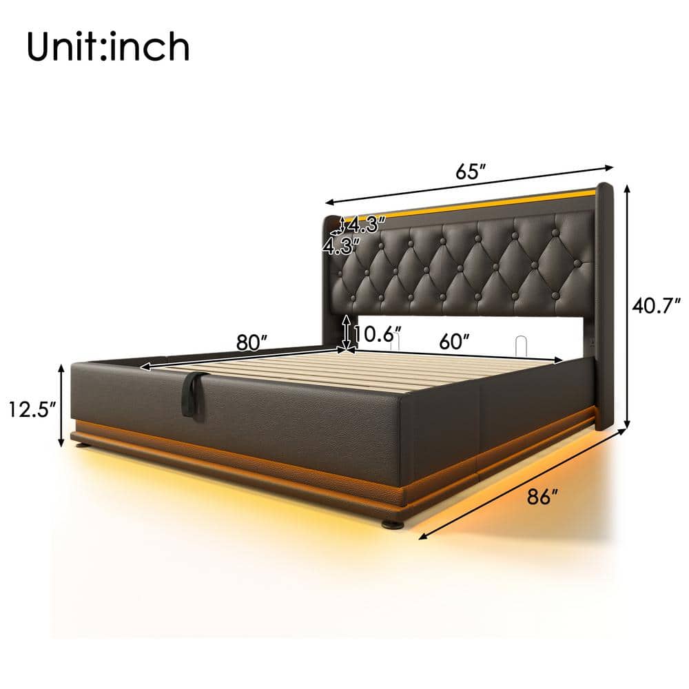 Black Wood and Metal Frame Upholstered PU Queen Platform Bed with Hydraulic Storage, USB Charging and 360° LED Light - thumbnail 3