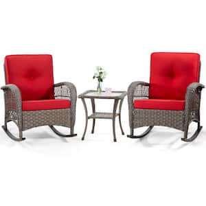 3-Piece Wicker Outdoor Rocking Chairs Patio Conversation Set with Red Cushions for Porch Deck Garden Backyard