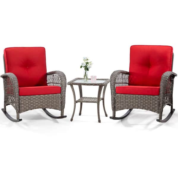 Zeus & Ruta 3-Piece Wicker Outdoor Rocking Chairs Patio Conversation Set with Red Cushions for Porch Deck Garden Backyard