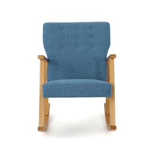Harvey Mid-Century Modern Button Back Muted Blue Fabric Rocking Chair