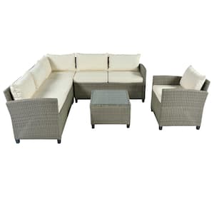 Grey 5-Piece Wicker Patio Conversation Set with Beige Cushions