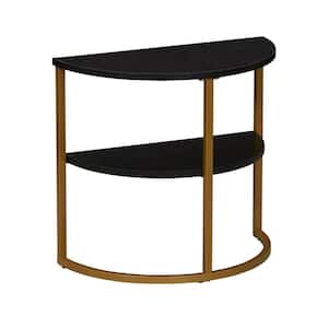19.48 in. Black Half-Moon Particle Board Accent End Table with Gold Frame and 2-Tier Open Storage Shelves
