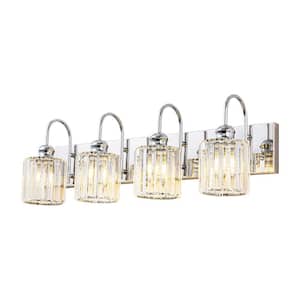 Mason 28 in. 4-Light Modern Glam Chrome Luxury Wall Sconce Linear Dimmable Vanity Light with Clear Crystal Shade