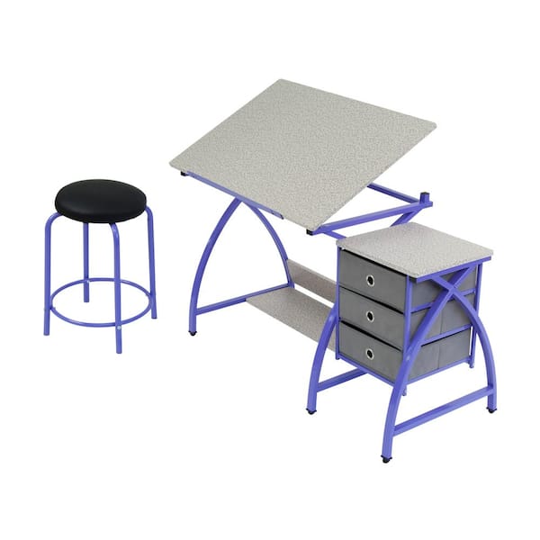 Studio Designs Comet 50 in. W x 23.75 in. D x 29.5 in. H MDF Craft Table with Adjustable Top, 3 Pull-Out Drawers and Stool, Purple
