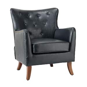 Germano Navy Vegan Leather Wingback Armchair with Wooden Legs