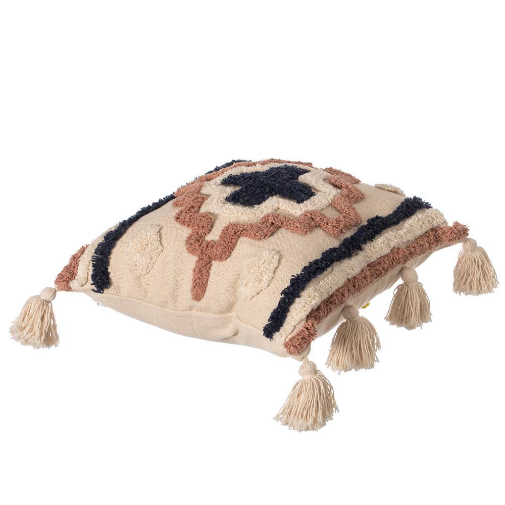 16" Beige and Navy Cotton Throw Pillow with Tassels