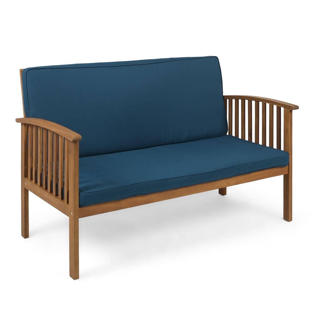1-Piece Wood Patio Outdoor Loveseat with Blue Cushions for 2-Persons for Po