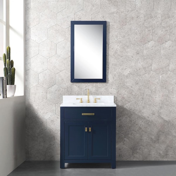 Water Creation Madison 30 in. Bath Vanity in Monarch Blue With Carrara White Marble Vanity Top with White Basins and Mirror and Faucet