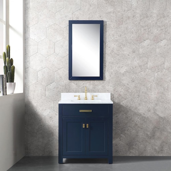 Water Creation Madison 30in.Wx21.5in.Dx34in.H Single Sink Bath Vanity in Monarch Blue with Carrara White Marble Top, Faucet and Mirror