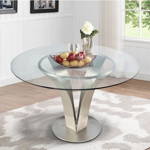 Round Dining Table Steel Frame Tempered Glass Top Home Decor Kitchen Furni New 