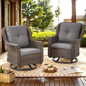 Brown Swivel Glider Wicker Outdoor Rocking Chair with Gray Cushions and Chrysanthemum Armrest (2-Pack)