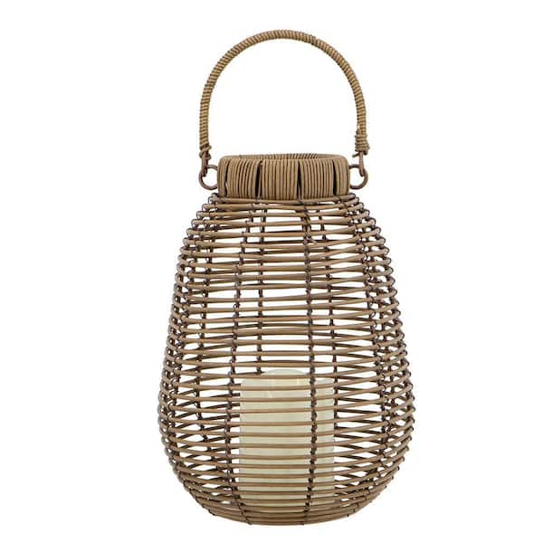 Classic 12 in. x 9 in. Black Round Rattan Lantern with LED Candle