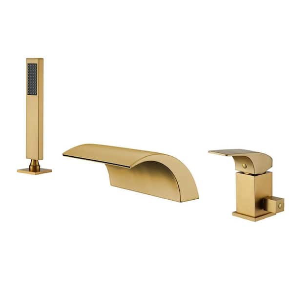 Single-Handle Tub-Mount Roman Tub Faucet with Hand Shower in Brushed Gold