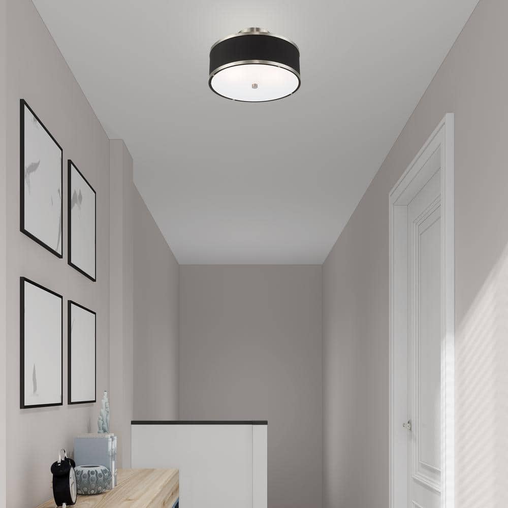 Brushed Nickel and Black Fabric 2-Light Semi-Flush Mount
