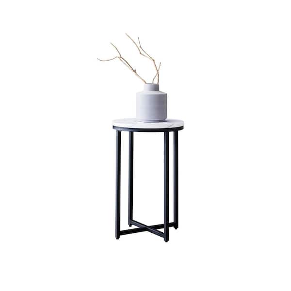 Tatayosi 16 in Round Metal Outdoor Side Table, White Marble/Black DJYC
