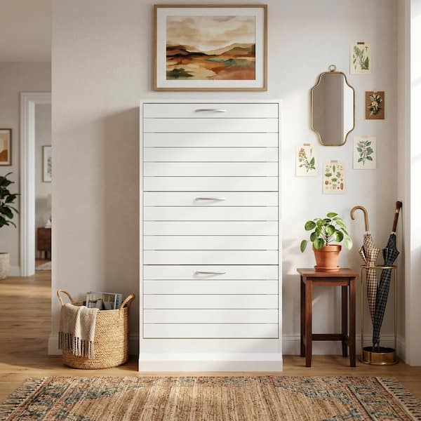 42.3 in. H x 22.4 in. W White Wooden Shoe Storage Bench, Storage Cabinet with Silver Handles and 3 Drawers, for 18-Pairs