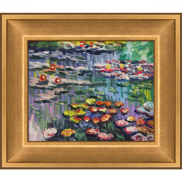 LA PASTICHE Water Lilies (pink) by Claude Monet Muted Gold Glow Framed Abstract Oil Painting Art Print 12 in. x 14 in.