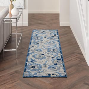 Aloha Blue/Gray 2 ft. x 6 ft. Kitchen Runner Floral Contemporary Indoor/Outdoor Patio Area Rug