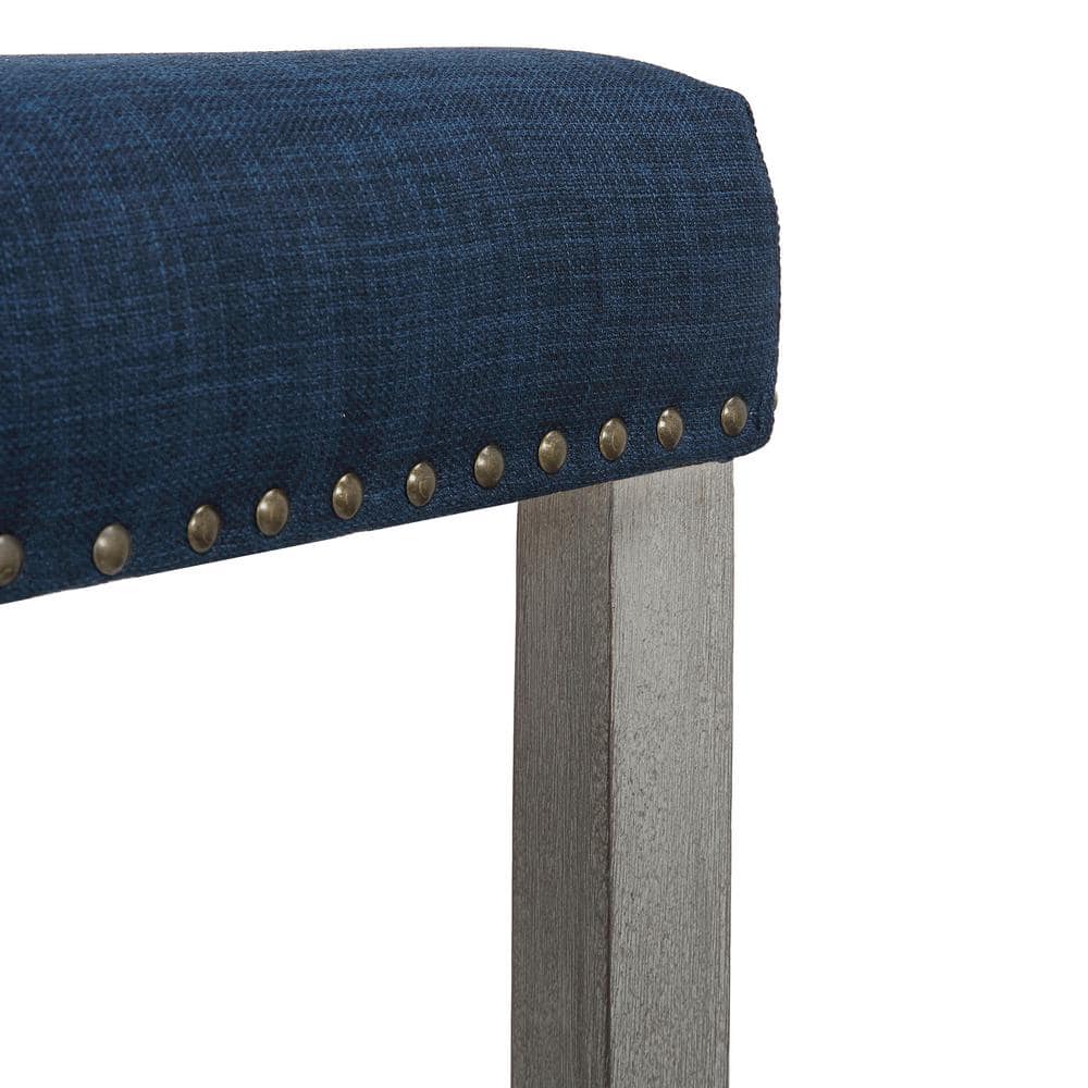 Navy Blue Upholstered Saddle Seat 24" Counter Stool with Nailhead Trim