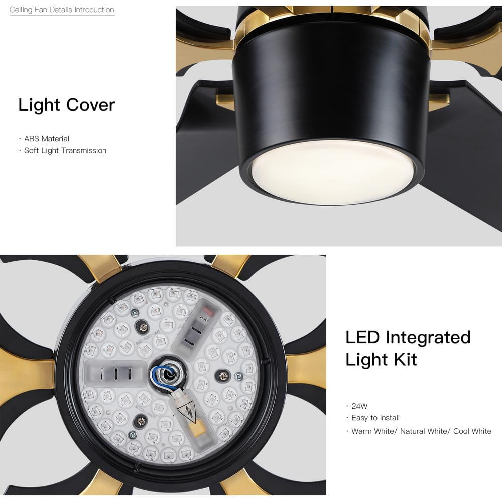 Modern 60'' Black and Gold Ceiling Fan with LED Light and Remote
