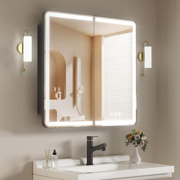 36 in. W x 32 in. H Rectangular Iron Medicine Cabinet with Mirror, Dimmable RGB Flowing Lights, Defogger, Outlet and USB