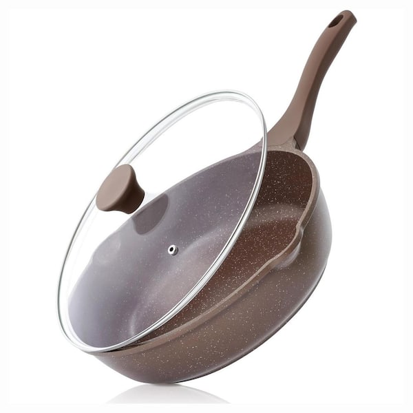 1-Piece Nonstick Deep Frying Pan Set Granite Finish Aluminum Ultra Non-Stick Induction Compatible Saute Pan with Lid