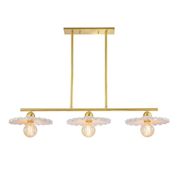HUOKU Lotus 3-Light Aged Brass Modern Linear Island Hanging Chandelier for Kitchen Islands and Dining