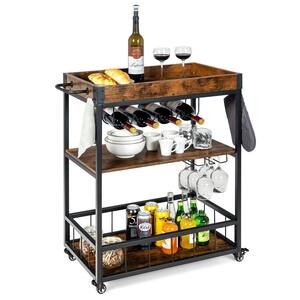 3-Tier Rustic Brown Wood Kitchen Cart with Wine Rack