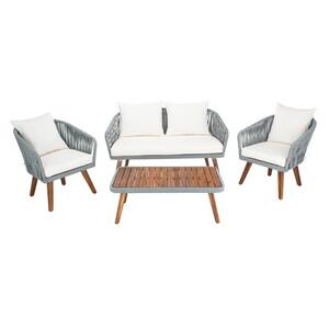 Ransin Gray 4-Piece Acacia Wood Patio Conversation Set with Beige Cushions