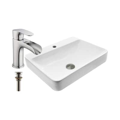 22-7/8 in. x 18-1/4 in. Rectangular Bathroom Ceramic Vessel Sink in White with Waterfall Faucet in Polished Chrome