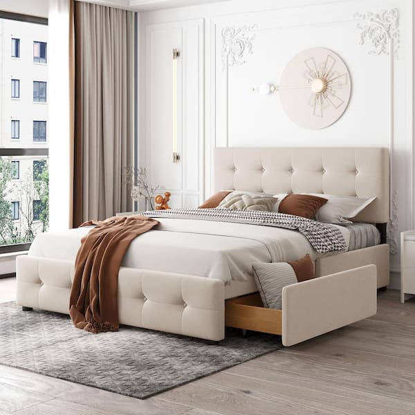 J&E Home Beige Upholstered Wood Frame Queen Size Platform Bed with Classic Headboard and 4-Drawers