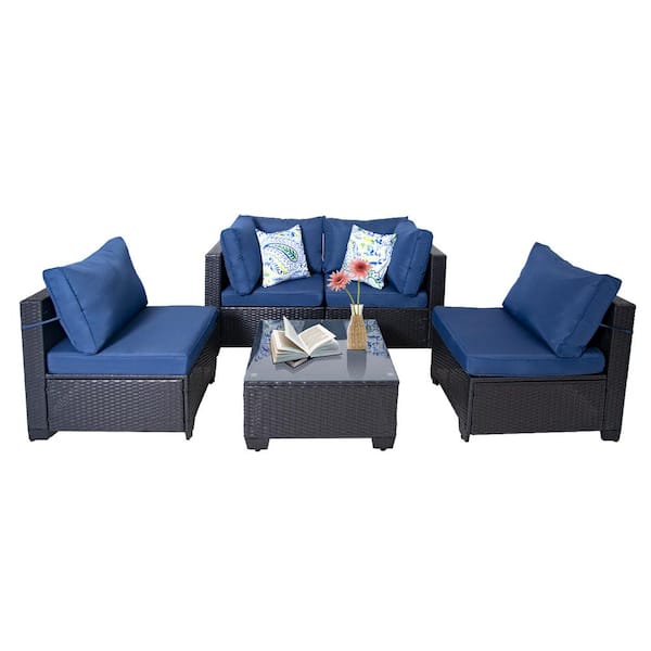 Unbranded 5-Pieces PE Wicker Outdoor All Weather Sectional Set with Navy Blue Cushions and Glass Top Table and Ottomans
