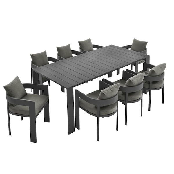 Tahoe Gray 9-Piece Powder-Coated Aluminum Outdoor Dining Set with Charcoal Cushions