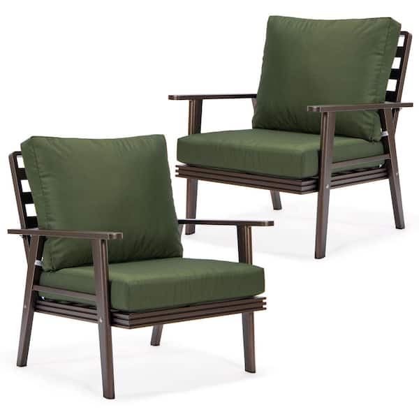 Leisuremod Walbrooke Modern Outdoor Arm Chair with Brown Powder Coated Aluminum Frame and Removable Cushions for Patio (Green)