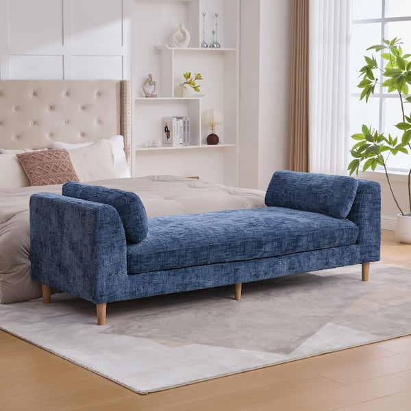 Luxury Collection Blue Chenile 83.1 in. Bedroom Bench with Armrests and 2 Pillows