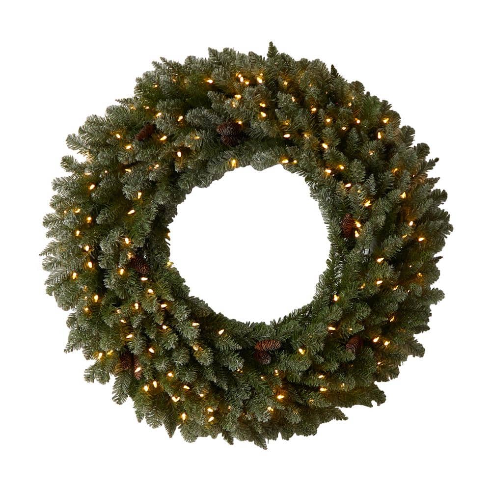 Nearly Natural 48 in. Prelit LED Large Flocked Artificial Christmas Wreath  with Pinecones, 150 Clear LED Lights W1283 The Home Depot
