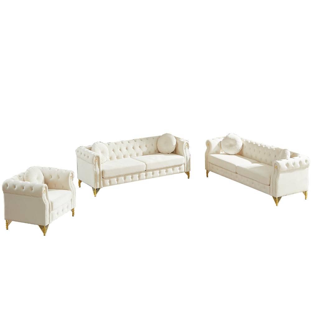 72 in. Round Arm Velvet Chesterfield Sofa with Tufted Button Accents and Copper Studs in Beige price history on PriceWatchPro